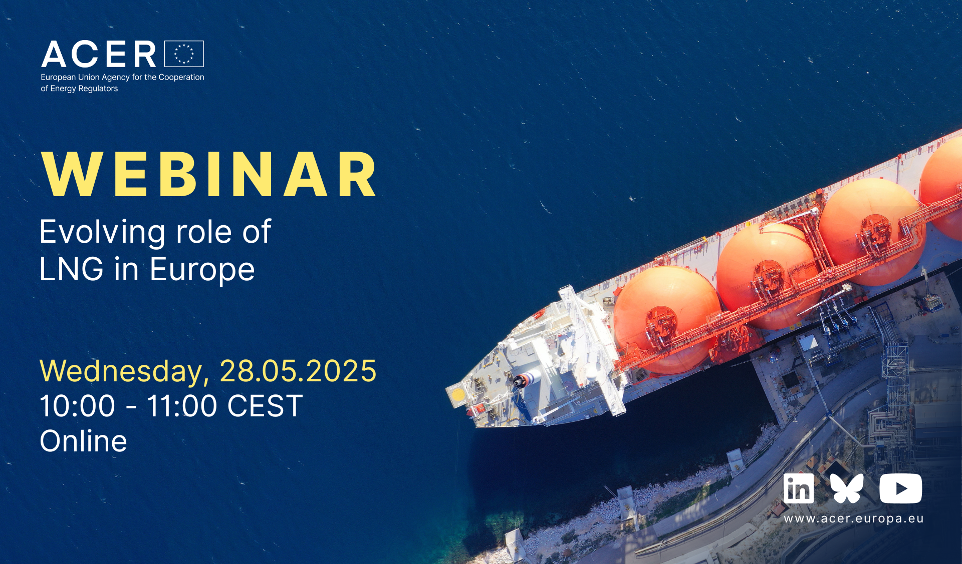 ACER event banner for LNG webinar on 28 May at 10:00 CEST