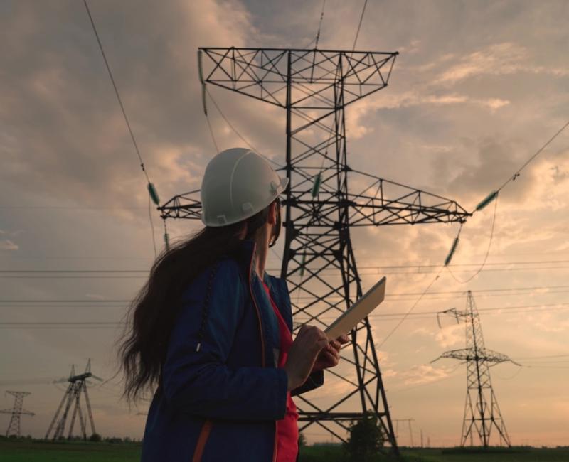 Woman checking the electricity transmission system pillar and reporting.