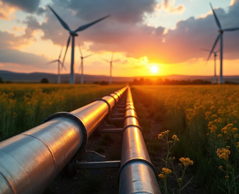 Gas pipe wind turbines at sunset