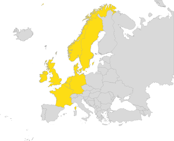 Europe's map with emphasis on North West region countries