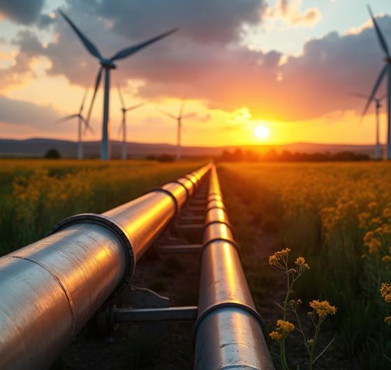 Gas pipe wind turbines at sunset